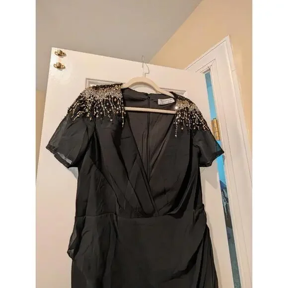 Ieena For Mac Duggal Beaded Sequin Embellished Shoulder Black Maxi Dress 12 NWOT - Picture 4 of 6